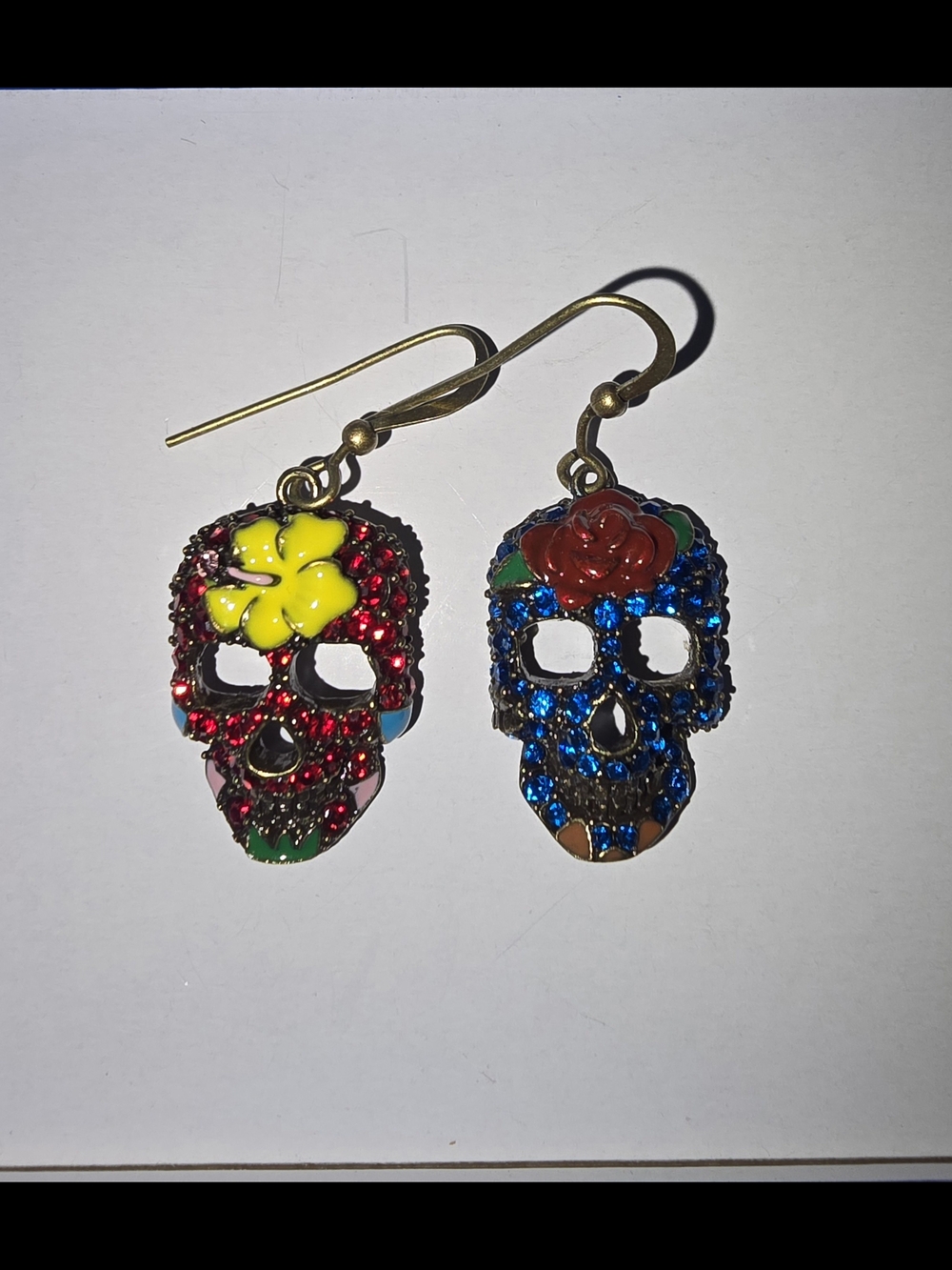 Colorful Sugar Skull Dangle Earrings - Red & Blue Rhinestones